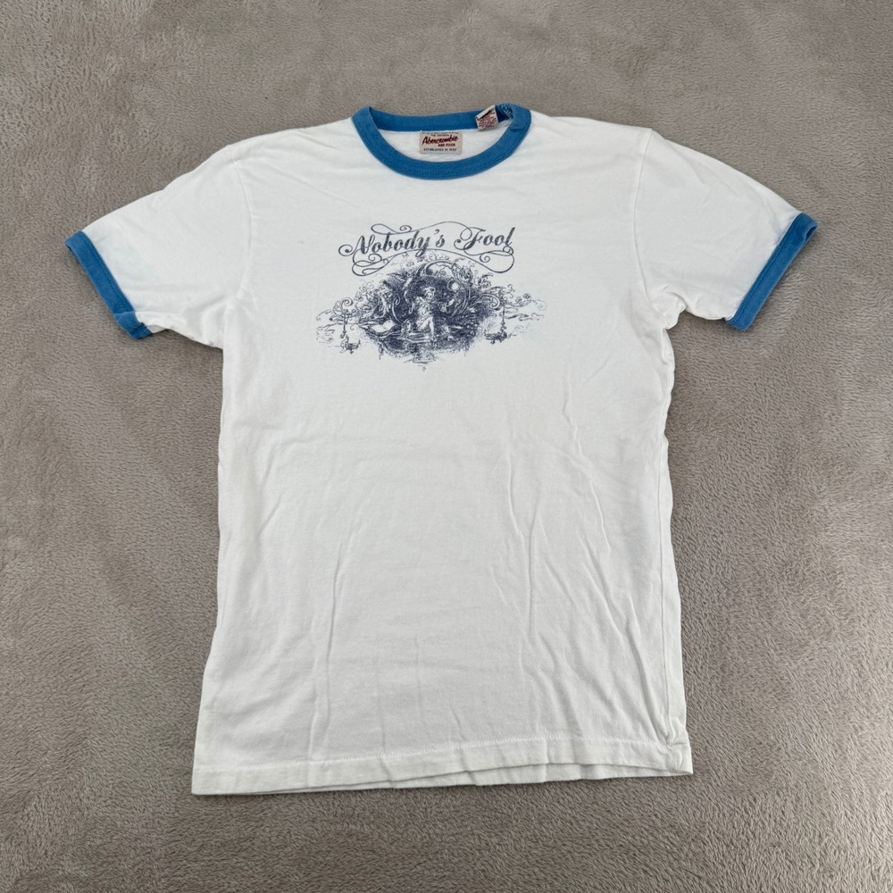 Vintage Abercrombie & Fitch Mens Medium White Ringer Preowned Nobodys Fool Stain